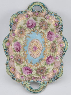 1910's Victorian German Porcelain Handled Bowl Raised Gold &Roses RS Style 11.5"