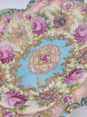 1910's Victorian German Porcelain Handled Bowl Raised Gold &Roses RS Style 11.5"