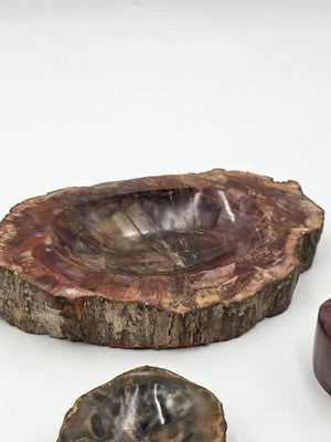 Rare Set of 3 Vintage Polished Petrified Wood Ashtrays / Catchall Bowls"