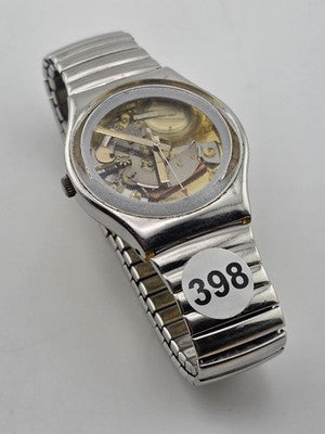 Vintage 1980's Swatch Skeleton Quartz Swiss Watch Expandable Band Runs. New Bat.