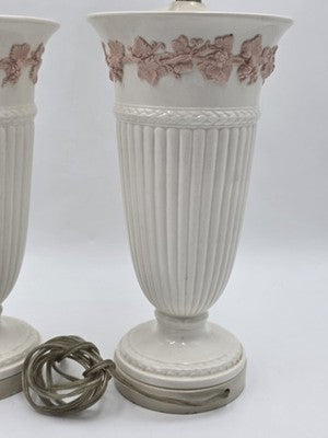 Pair Wedgwood Queensware Jasperware Cream Pink Grapevine Relief Table Lamps 24"