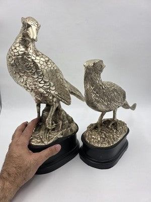 Vintage Pair XL Castilian Brass Pheasant Sculptures Cock Hen on Base 14 inch.