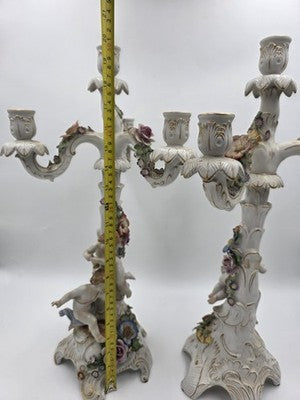 Rare 19th C Antique Pair Schierholz Dresden Porcelain Cherub Floral Candelabras