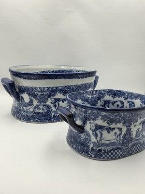 Pair XL Blue White Transferware Cachepot Jardiniere Planters Farm Animal Decor
