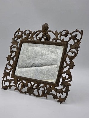 Antique Victorian Cast Iron Vanity Mirror Ornate Scrollwork Easel Frame C 1890.