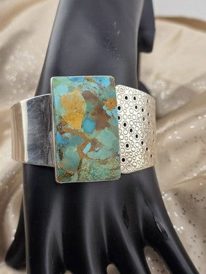 Rare Vintage Large Turquoise Sterling Silver Cuff Bracelet Modernist DTR 925.