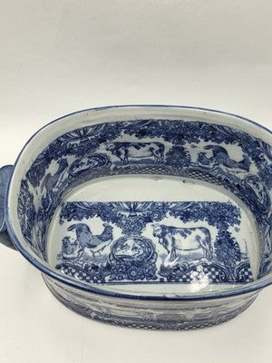 Pair XL Blue White Transferware Cachepot Jardiniere Planters Farm Animal Decor