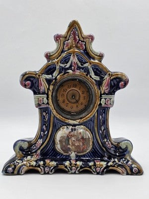 Rare Antique 19th C Porcelain Majelica Mantel Clock Hand Painted French. Read.