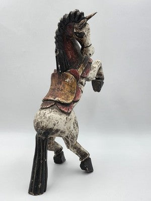 Vintage Mexico Folk Art Rearing Horse Hand Carved  & Painted Wood Sculpture Read