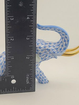 Herend Blue Fishnet Charging Elephant Figurine VHB Artist Signed Vecsey Tamas