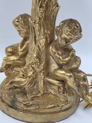 Antique Large Solid Brass Cherub Putti Table Lamp Hollywood Regency Gold. Works