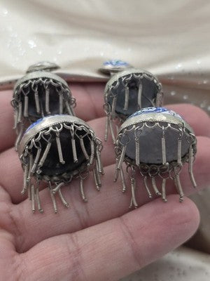 Rare Antique Hand Painted Filigree Silver Lantern Chandelier Dangling Earrings.