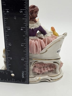 Vintage Dresden Art Germany Lace Porcelain Lady Musician Figurine Bird Bench