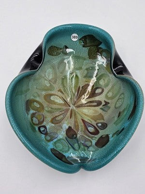 Unique Vintage Studio Art Glass Freeform Bowl Turquoise Black Millefiori Style