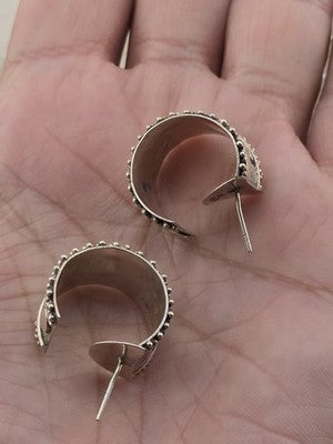 Rare Vintage Sterling 925 Wide Hoop Earrings Floral Scroll Beaded Navajo Style.