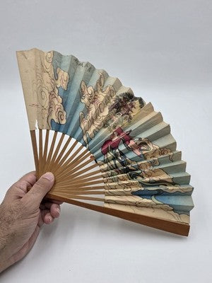 Pair Of Chinese Fan Immortals Hand Colored Silk Carved Wood 24" Calligraphy Back