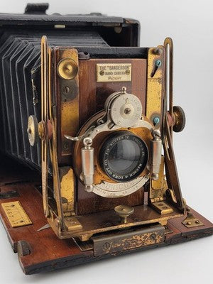 Antique F.H. Sanderson Wooden Hand Camera. Bausch & Lomb Black Bellows. Untested