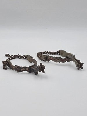 Antique Western Cowboy Spurs Pair Hand Engraved Red Inlay Steel w/ Chains