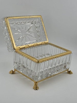 French Baccarat Style Jewelry Casket Footed Box Heavy Crystal Glass Hinged Lid
