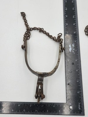 Antique Western Cowboy Spurs Pair Hand Engraved Red Inlay Steel w/ Chains
