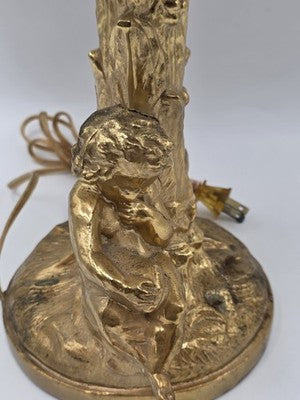 Antique Large Solid Brass Cherub Putti Table Lamp Hollywood Regency Gold. Works