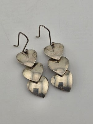 Rare Antique Taxco TR-60 Mexico Sterling Silver Triple Heart Earrings