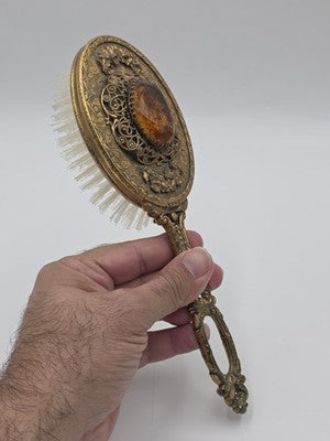 Antique Ornate Gilt Ormolu Vanity Set Amber Glass Jewelry Casket Mirror Brush