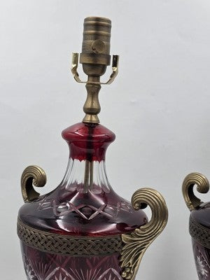 Pair Bohemian Ruby Red Crystal Lamp, Cut-to-Clear Czech Glass, Hollywood Regency