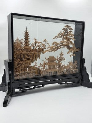 Large Scale Antique Chinese Carved Cork Diorama in Ebonised Glass Display Case