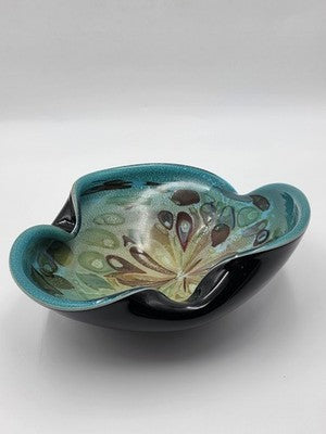 Unique Vintage Studio Art Glass Freeform Bowl Turquoise Black Millefiori Style