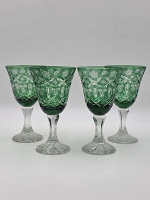 Set Of 4 Vintage Bohemian Czech Emerald Green Cut Crystal Wine Goblets. 7.75".