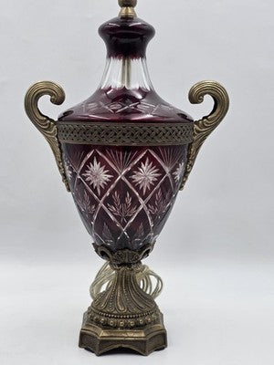 Pair Bohemian Ruby Red Crystal Lamp, Cut-to-Clear Czech Glass, Hollywood Regency