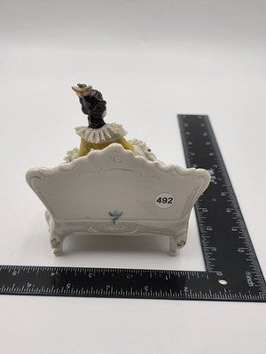 Vintage Dresden Lace Porcelain Lady Figurine Seated On Settee Sofa Germany 1078