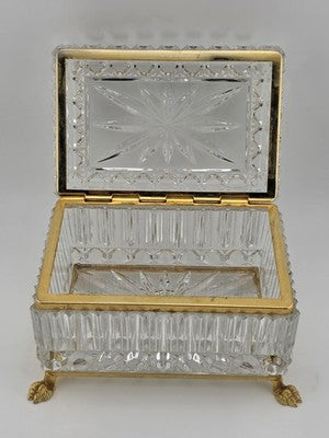 French Baccarat Style Jewelry Casket Footed Box Heavy Crystal Glass Hinged Lid