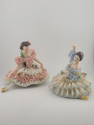 Pair Antique Dresden Lace Ballerina Figurine Dancer Handarbeit Germany Porcelain