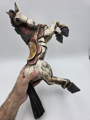 Vintage Mexico Folk Art Rearing Horse Hand Carved  & Painted Wood Sculpture Read