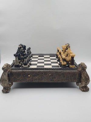 Rare Vintage Large Renaissance Style Resin Chess Set w Drawer Medieval Board 16”