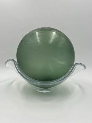 Rare Large Hand Blown Art Glass Orb Sphere w/ Freeform Murano Style Bowl Stand