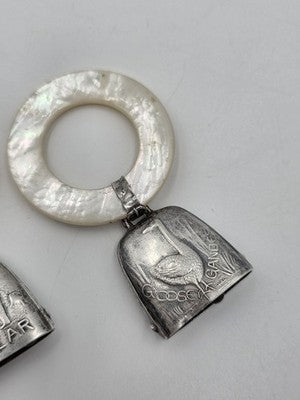 Pair Antique Sterling Silver Mother Of Pearl Baby Teething Rattles Mr Bear Goose