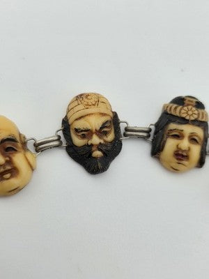 Antique Japanese Figural Face Bracelet Carved Bon Seven Gods Meiji Era. Signed.
