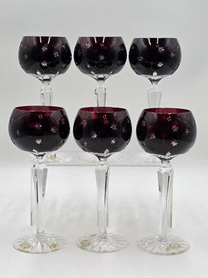 Set Of 6 Vintage Ajka Marsala Ruby Red Cut To Clear Crystal Hock Wine Glass