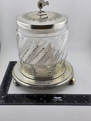 Rare 1880s Antique Hukin & Heath Biscuit Jar Cut glass & Silverplate W Kiwi Bird