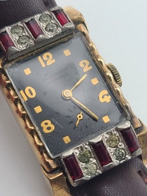 Vintage 1940's Lucerne 17J Art Deco Rectangular Rhinestone Ruby Swiss Watch