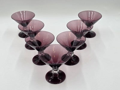 ANTIQUE SET OF 7 MID CENTURY BRYCE WILMINGTON AMETHYST 5 1/2" CHAMPAGNE GLASSES.