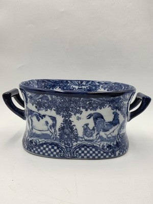 Pair XL Blue White Transferware Cachepot Jardiniere Planters Farm Animal Decor