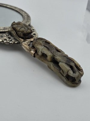 Rare Antique Chinese Ornate Jade and Silver  Carved Dragon Hand Mirror