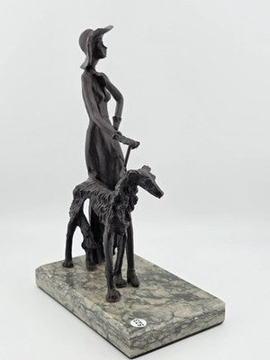 Rare 1930's Art Deco French Bronze Sculpture of Lady Walking Her Greyhound Dog.