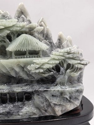 Vtg 11" Old Chinese Dushan Jade Carving Mountain Water Pine Tree Ship Sculpture