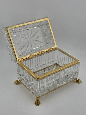 French Baccarat Style Jewelry Casket Footed Box Heavy Crystal Glass Hinged Lid