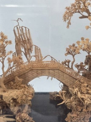 Large Scale Antique Chinese Carved Cork Diorama in Ebonised Glass Display Case